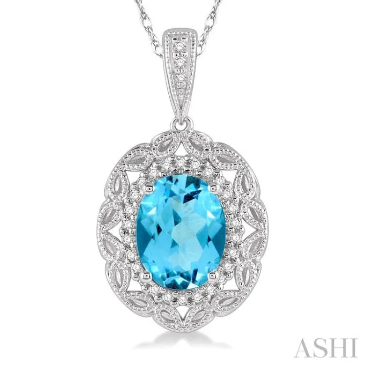 1/10 Ctw Oval Cut 8x6mm Blue Topaz & Round Cut Diamond Semi Precious Pendant With Chain in 10K White Gold