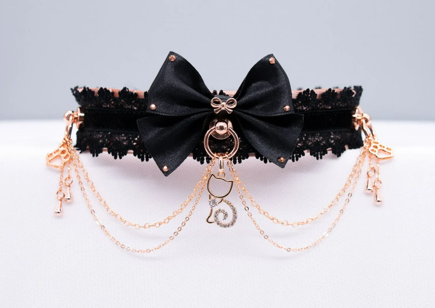 11" - 13" Ready to Ship - Rose Gold & Black Velvet Luxury Kitten Collar