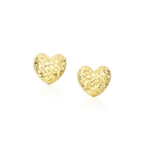 14k Yellow Gold Puffed Heart Earrings Diamond Cuts Weight 1.2 grams