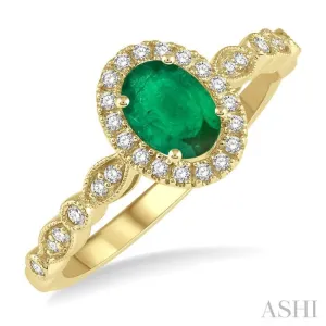 1/6 Ctw Oval Shape 6x4mm Emerald & Round Cut Diamond Precious Ring in 10K Yellow Gold