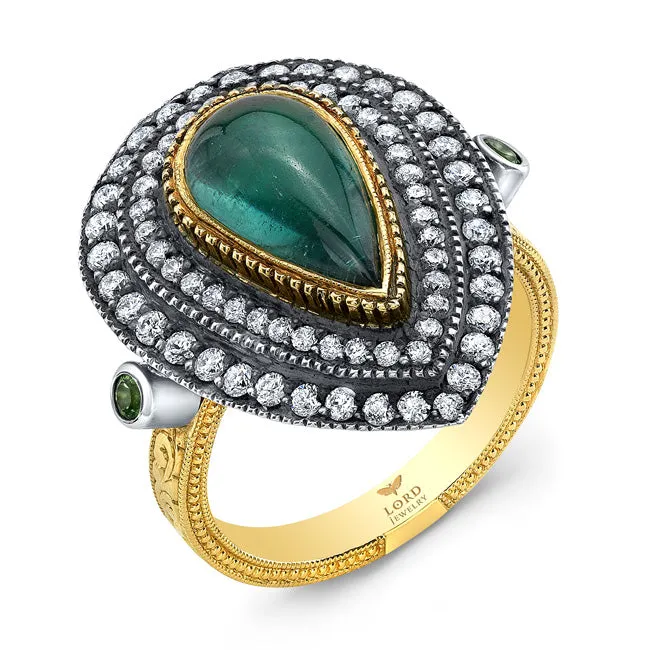 18k Yellow Gold, Green Tourmaline and Diamond Ring by Lord Jewelry