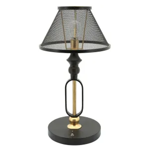 19 Inch Table Lamp, Round Metal Mesh Shade, Hollow Body, Black, Gold Stand By Casagear Home