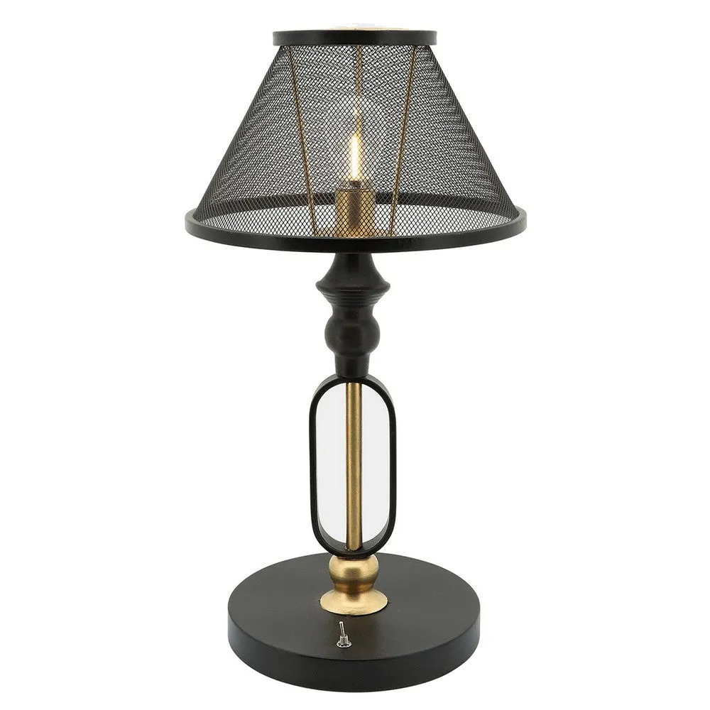 19 Inch Table Lamp, Round Metal Mesh Shade, Hollow Body, Black, Gold Stand By Casagear Home