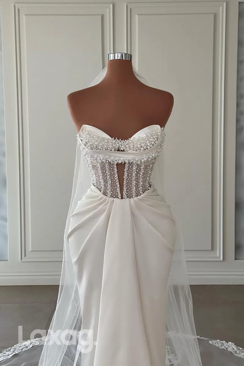 22355 - Strapless Pearls Beaded Draped Sleek Satin Mermaid Wedding Dress