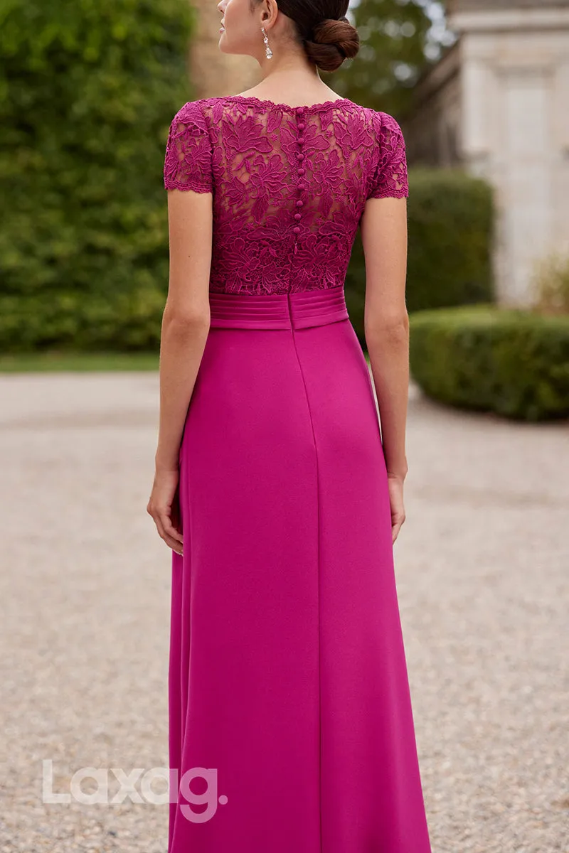 22809 - Scoop Short Sleeves Lace Cocktail Party Formal Evening Dress with Sweep Train