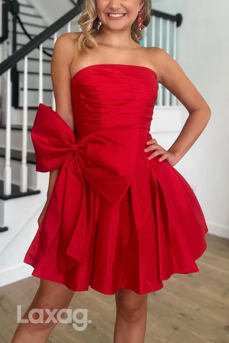 22827 - A-Line Strapless Draped Sleek Satin Elegant Party Homecoming Dress