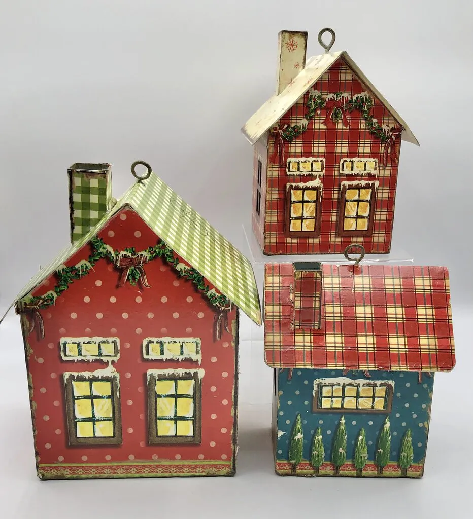 3 Charming Vintage Style Christmas Litho Tin/ Metal Bird Houses /b