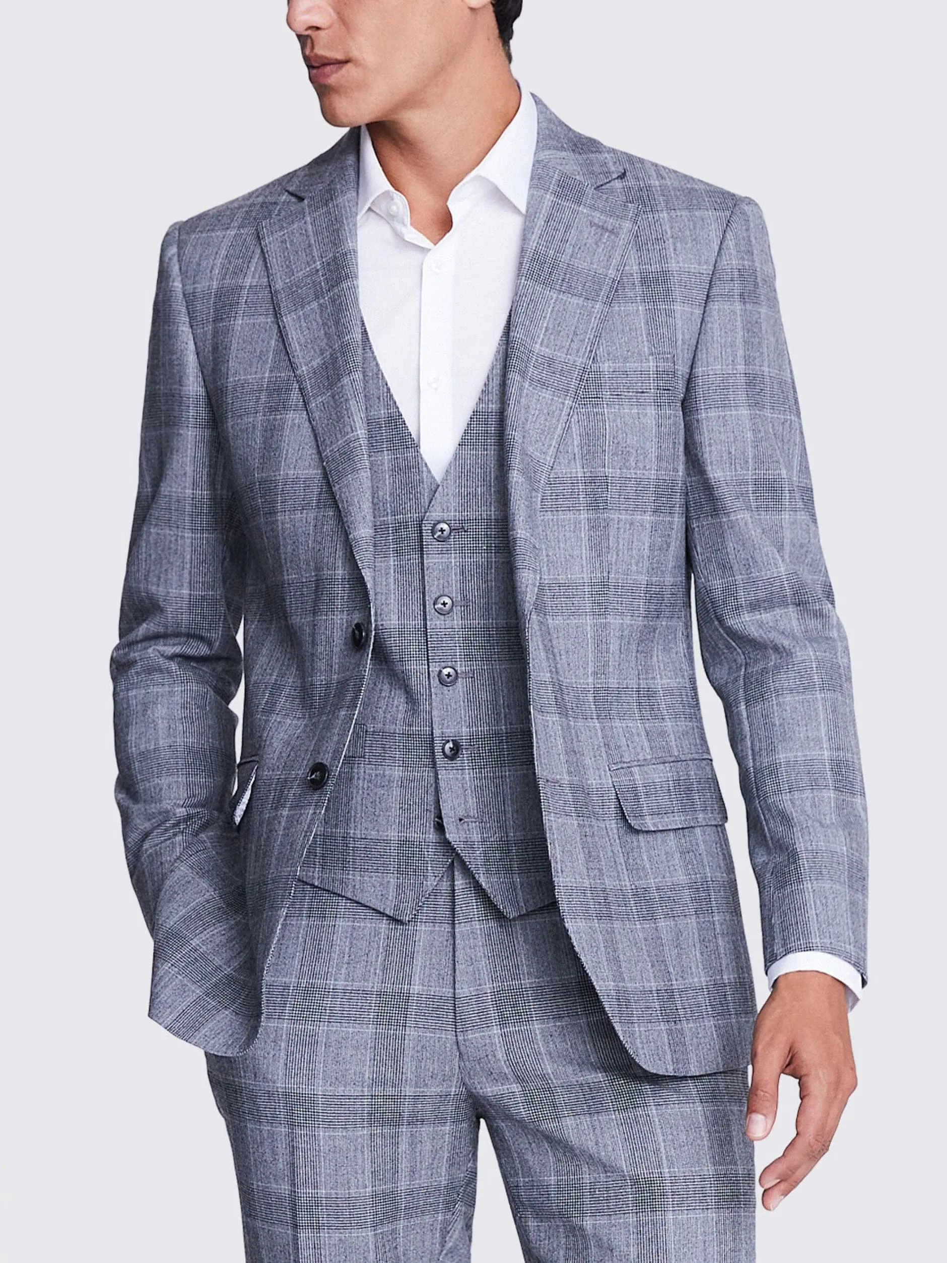 3 Piece Business Casual Double Buttons Notch Lapel Light Grey Plaid Men's Suit