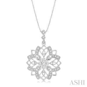 5/8 ctw Floral Lattice Cushion Shape Center Lovebright Round Cut Diamond Pendant With Chain in 14K White Gold