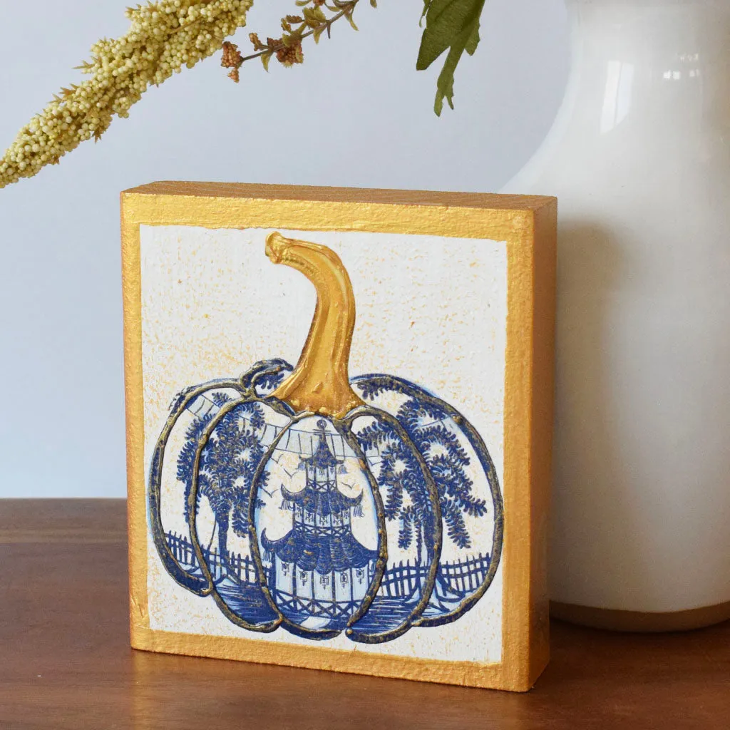 6"x6" Blue Toile Pumpkin Block