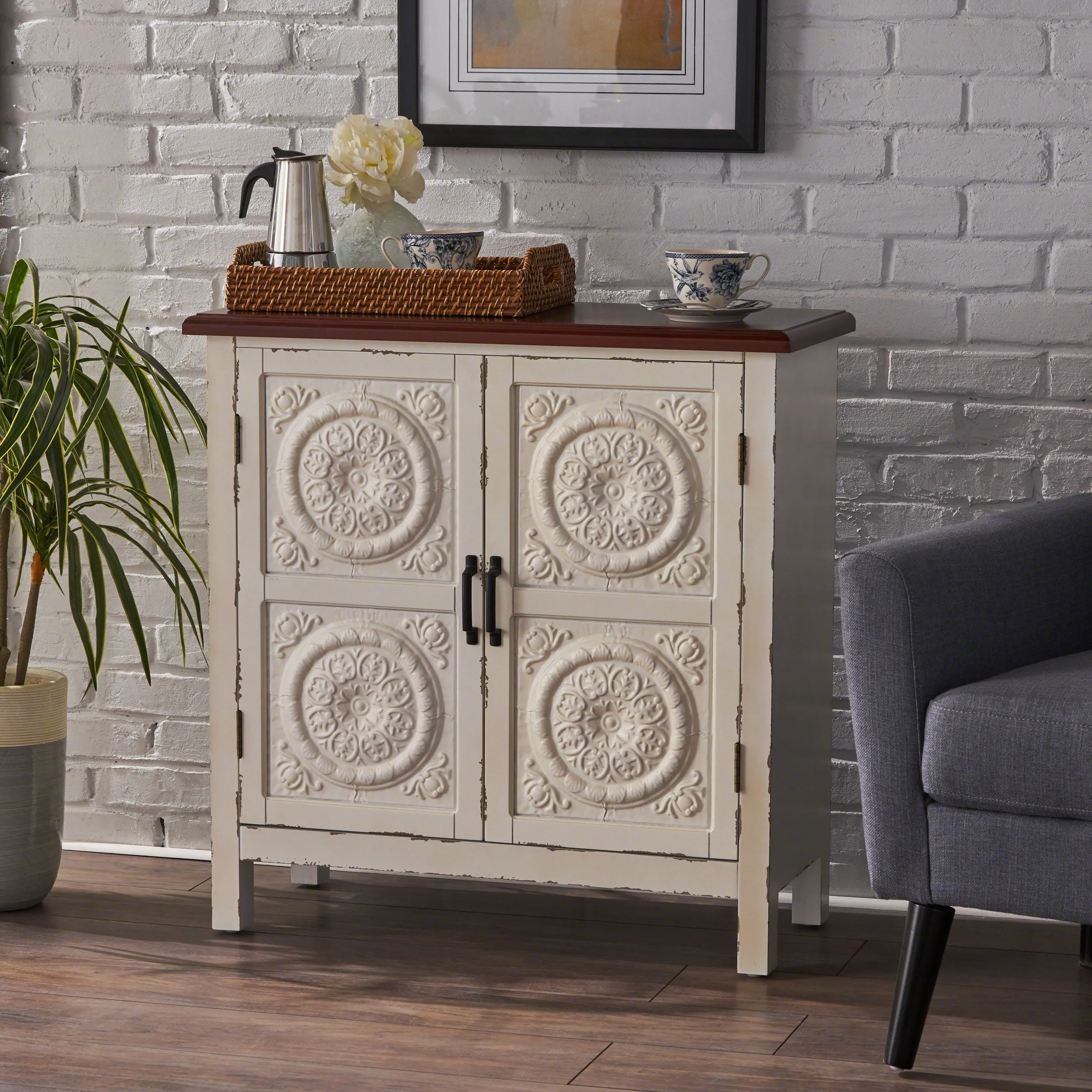 Aliana Finished Firwood Cabinet with Faux Wood Overlay and Accented Top