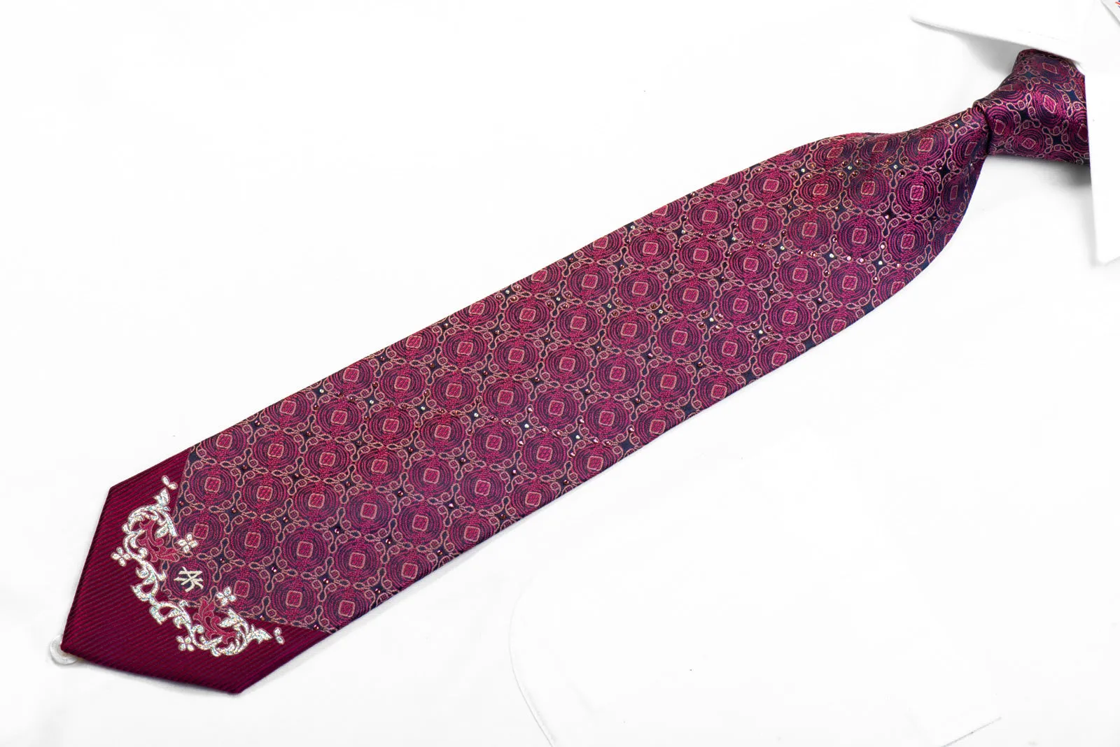 Andre Kim Rhinestone Necktie Ornate Cartouche On Purple With Silver Sparkles