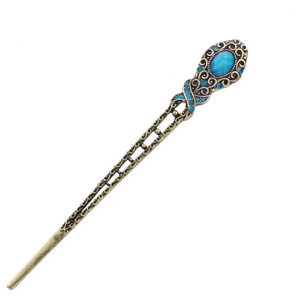 Antique Brass Finish Double-Sided Scepter Hair Stick with Rhinestones