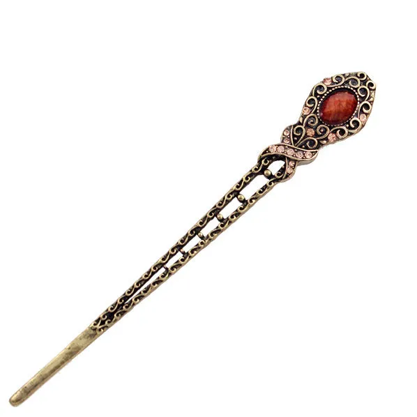 Antique Brass Finish Double-Sided Scepter Hair Stick with Rhinestones