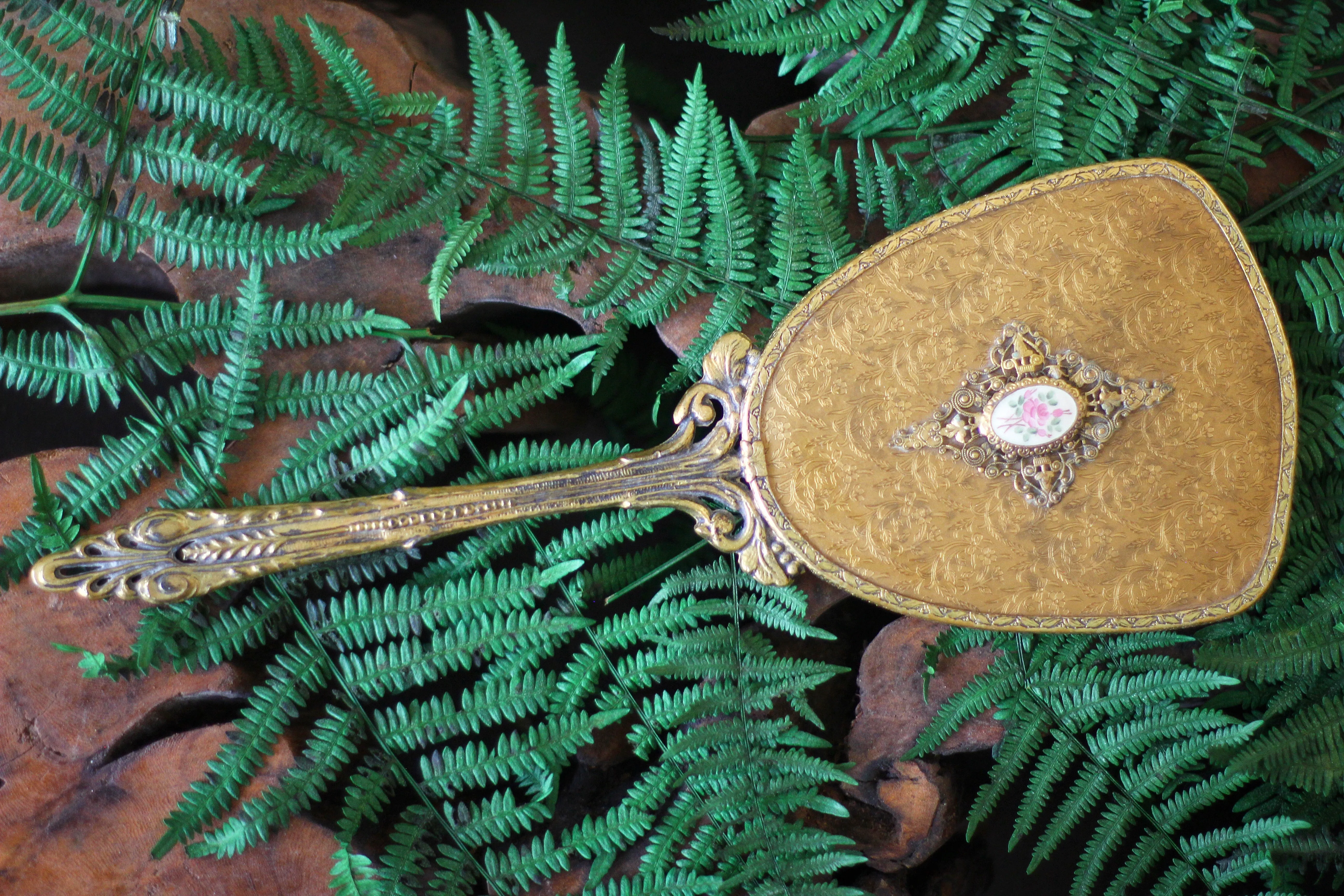 Antique Floral Gold Hand Mirror