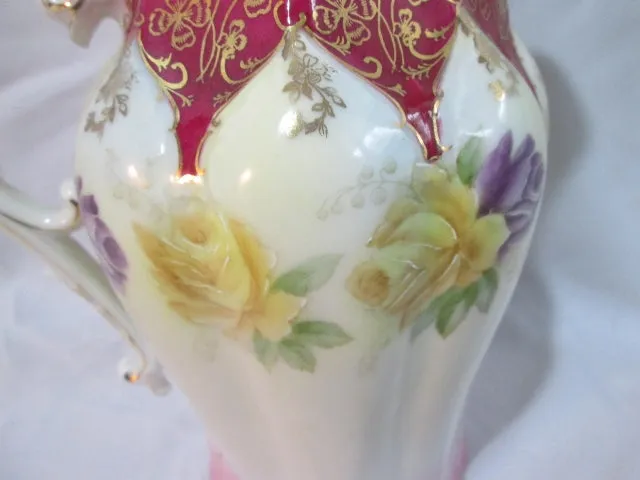 Antique HAND PAINTED FLORAL PITCHER YELLOW PURPLE ROSE Japan Gilt