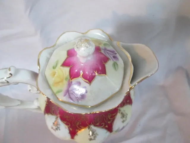 Antique HAND PAINTED FLORAL PITCHER YELLOW PURPLE ROSE Japan Gilt