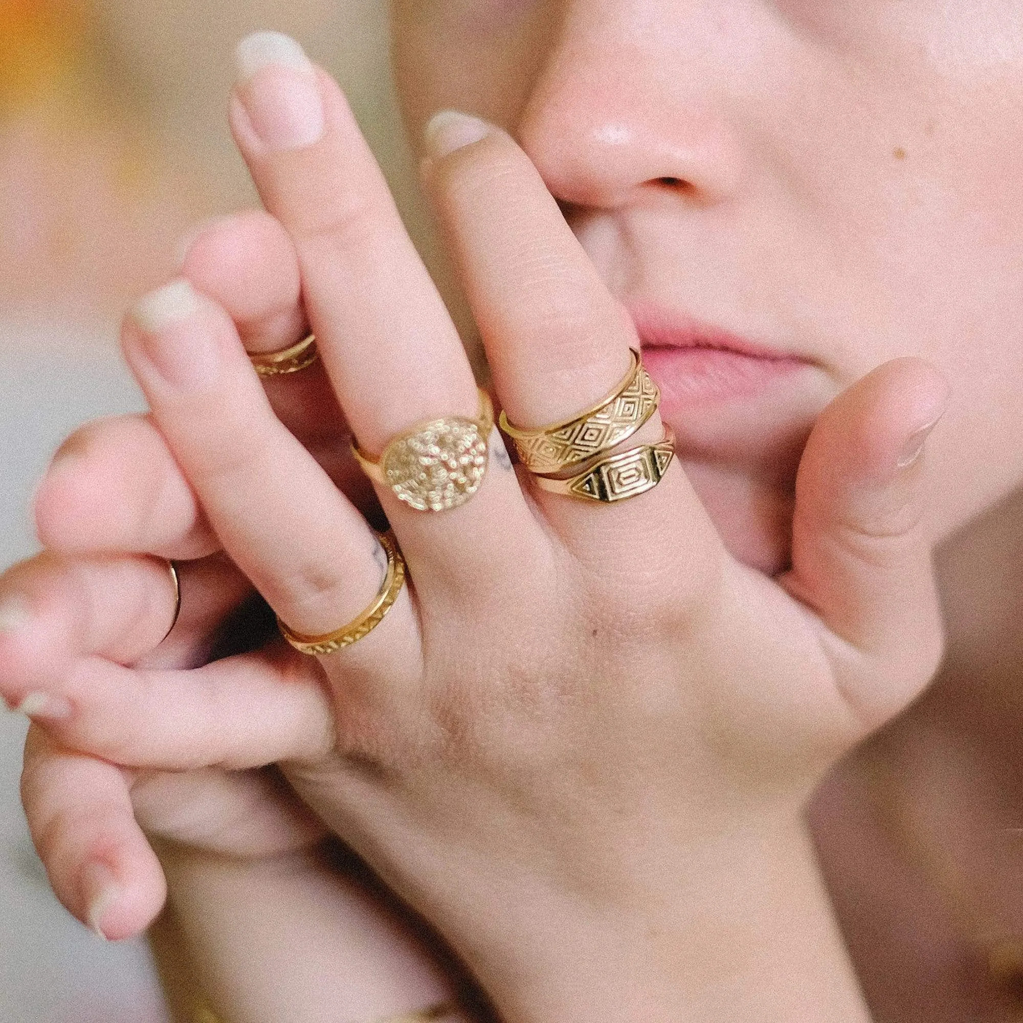 Aztec Stamped Signet Ring 18ct Gold Plate