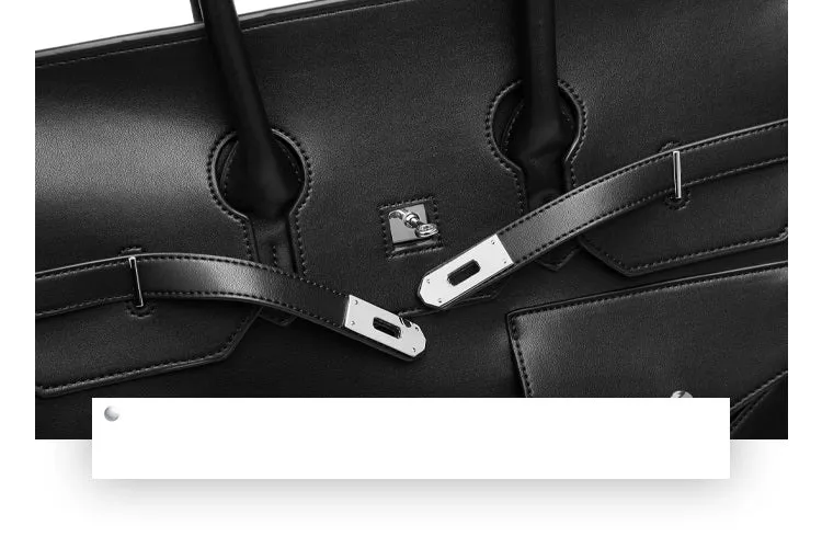 Birkin inspired handmade PU Leather Black tote buckle travel overnight weekender handbag