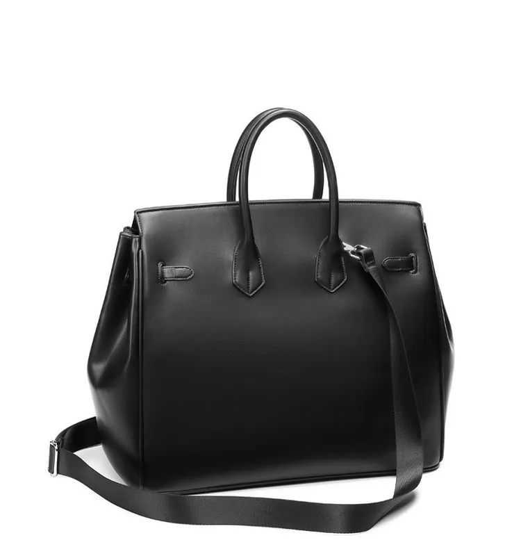 Birkin inspired handmade PU Leather Black tote buckle travel overnight weekender handbag