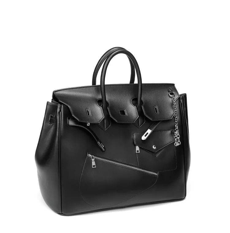 Birkin inspired handmade PU Leather Black tote buckle travel overnight weekender handbag