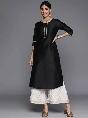 Black Solid Silk Straight Kurta