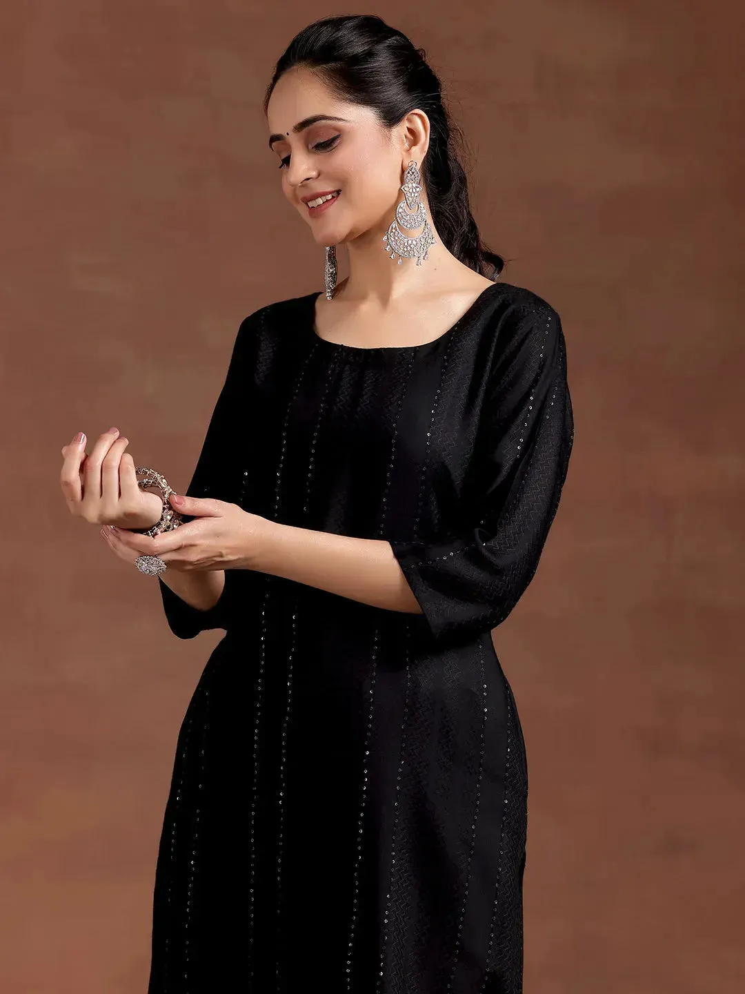 Black Woven Design Rayon Straight Kurta