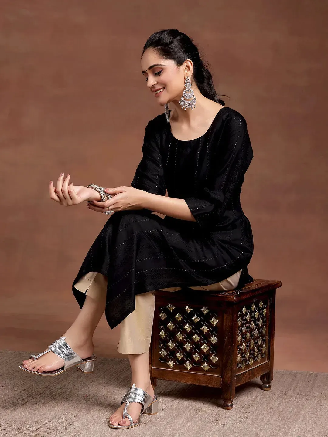 Black Woven Design Rayon Straight Kurta