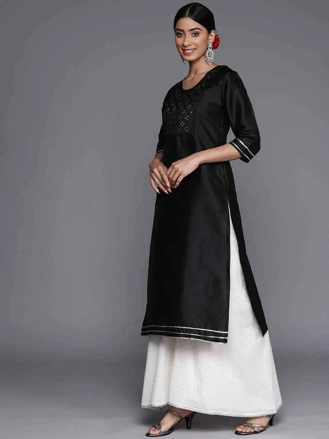 Black Yoke Design Silk Straight Kurta