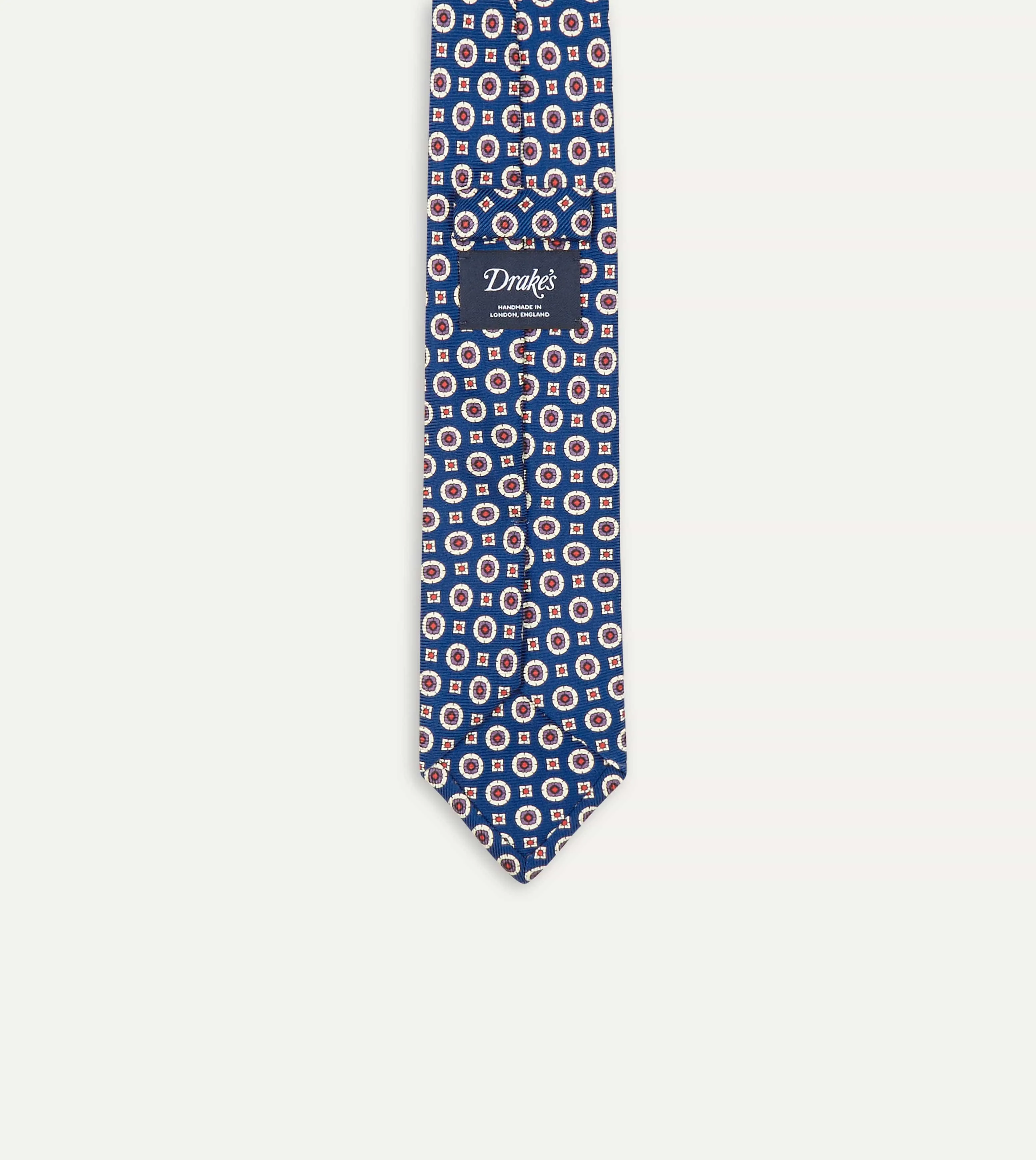 Blue and Red Geometric Medallion Print Silk Foulard Tie