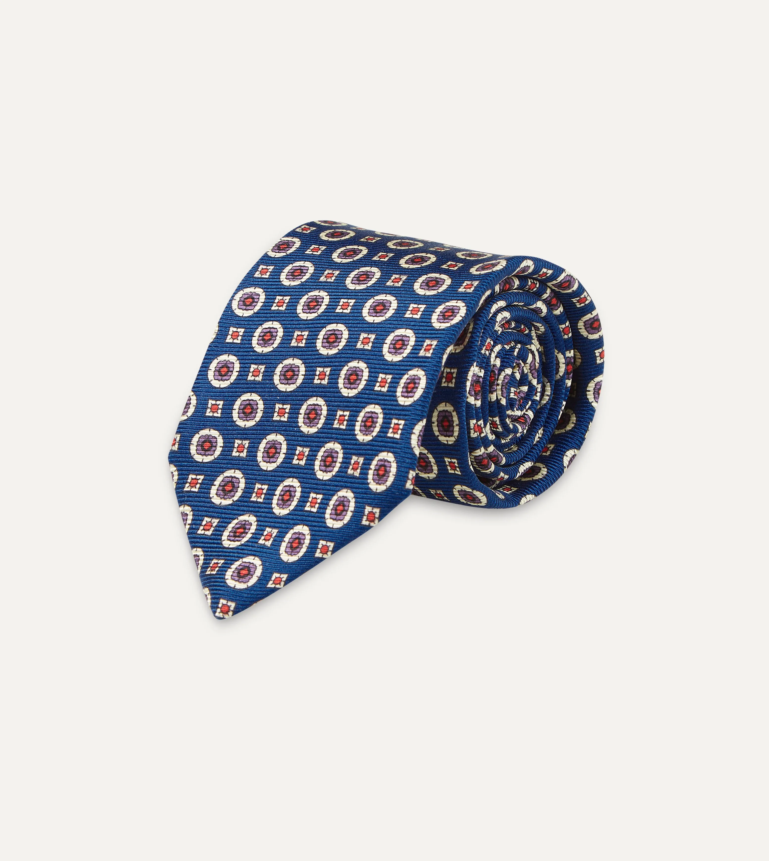 Blue and Red Geometric Medallion Print Silk Foulard Tie