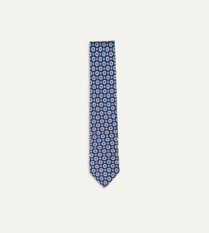 Blue and Red Geometric Medallion Print Silk Foulard Tie