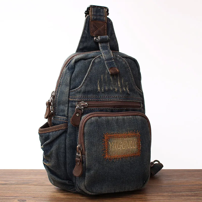 Blue Denim Mens Sling Bag Cool Chest Bag Vintage Blue Denim Sling Pack For Men