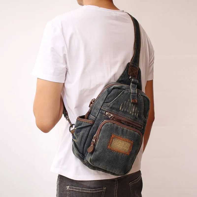 Blue Denim Mens Sling Bag Cool Chest Bag Vintage Blue Denim Sling Pack For Men