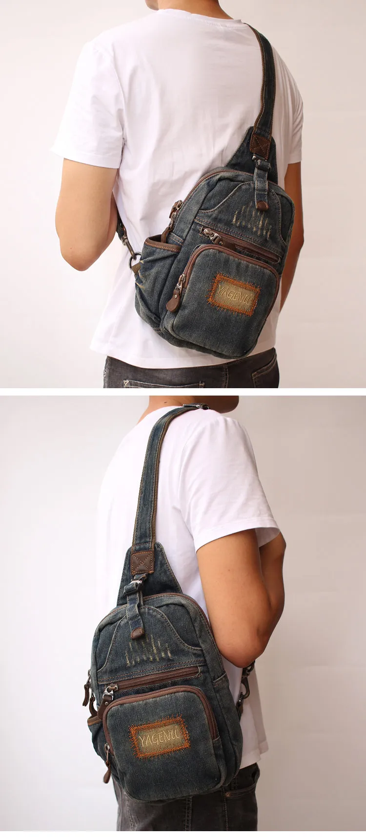 Blue Denim Mens Sling Bag Cool Chest Bag Vintage Blue Denim Sling Pack For Men