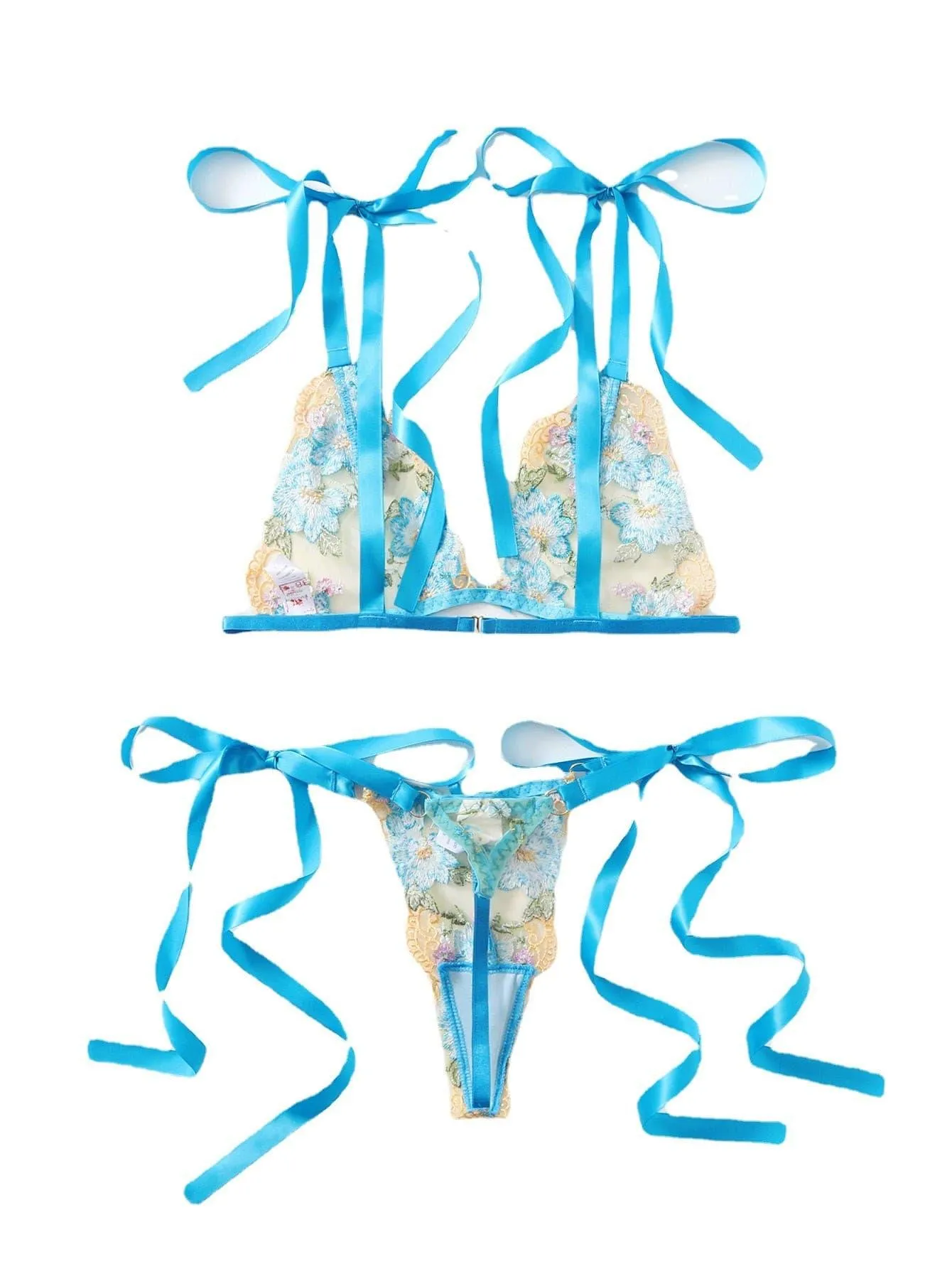 Blue lace carved lace lingerie two-piece set