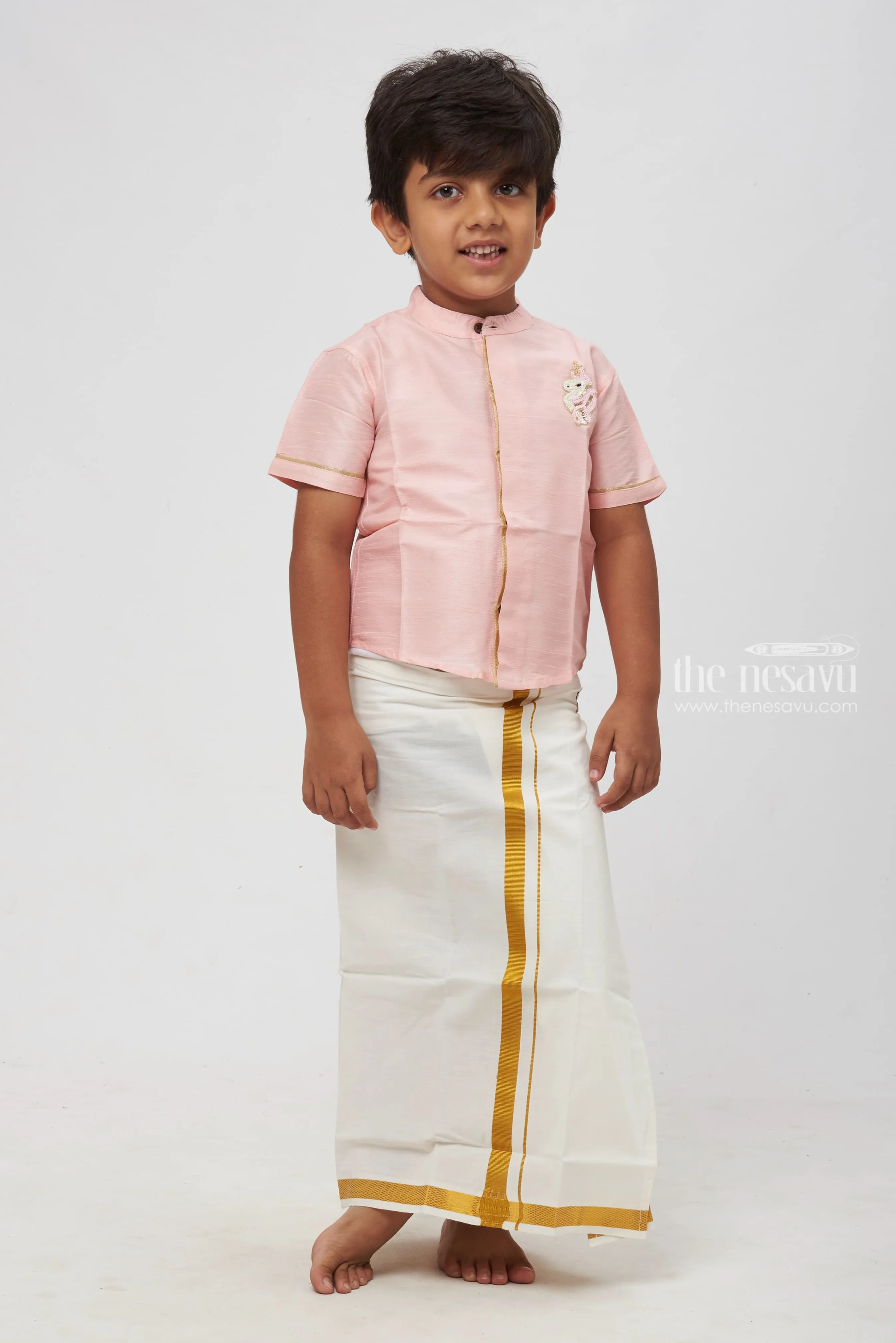 Boys Pink Silk Shirt with Ornate Embellishment