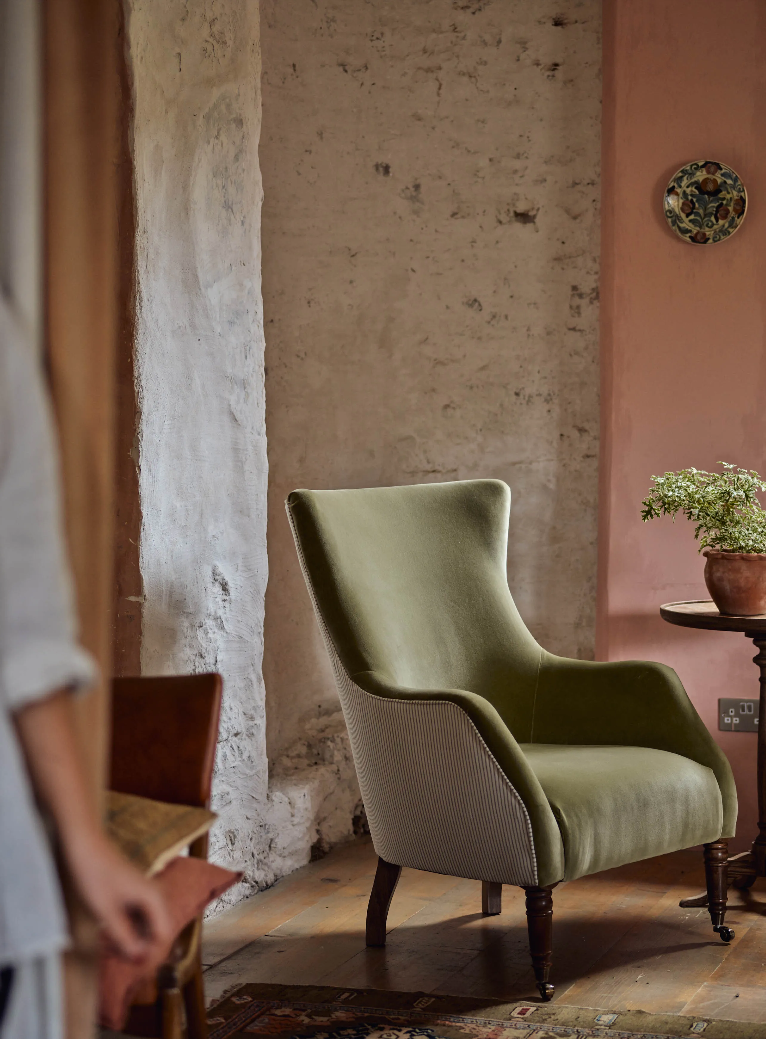 Bromley Wingback Chair, Sage Velvet & Heritage Mole Stripe