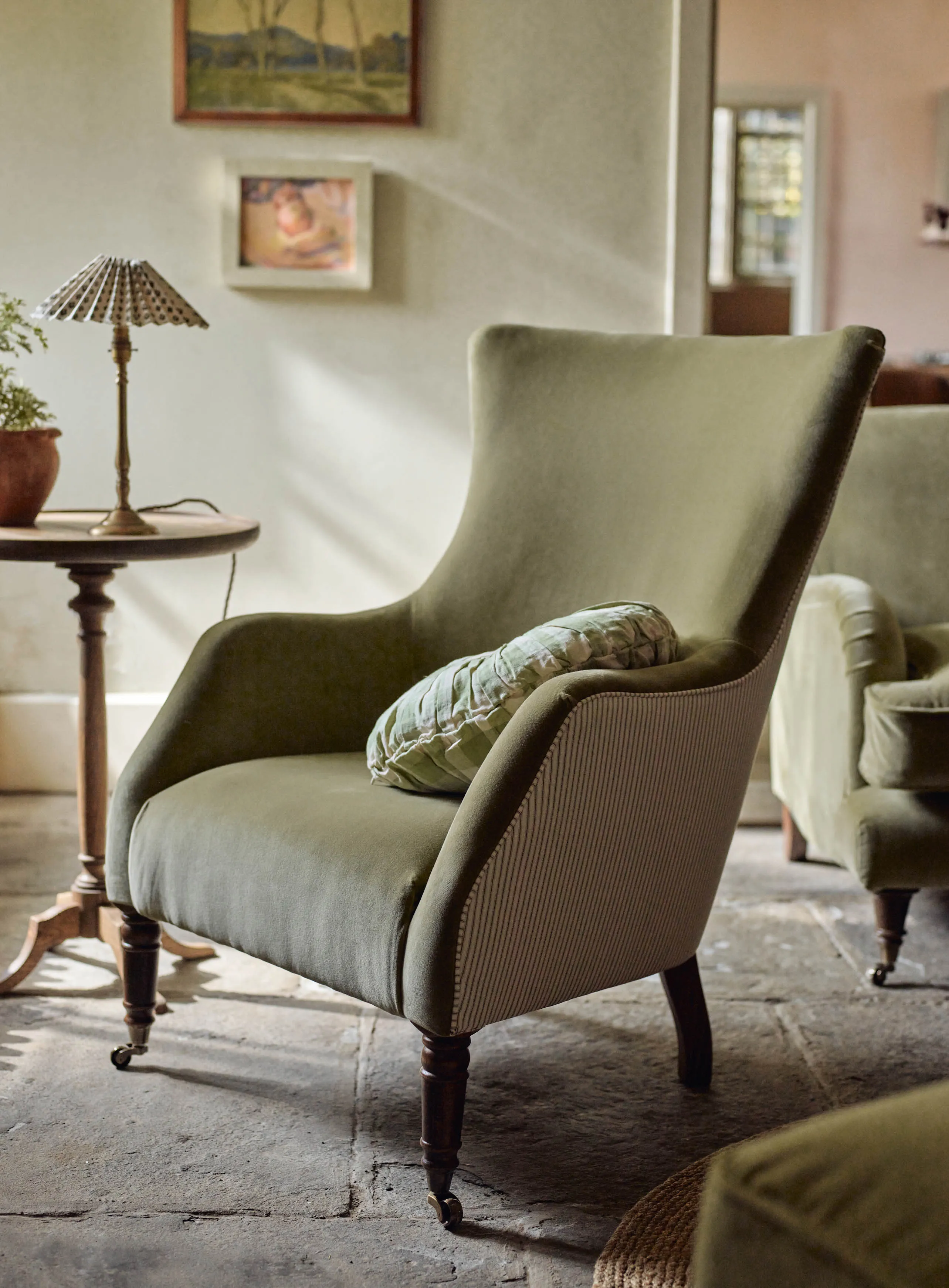 Bromley Wingback Chair, Sage Velvet & Heritage Mole Stripe