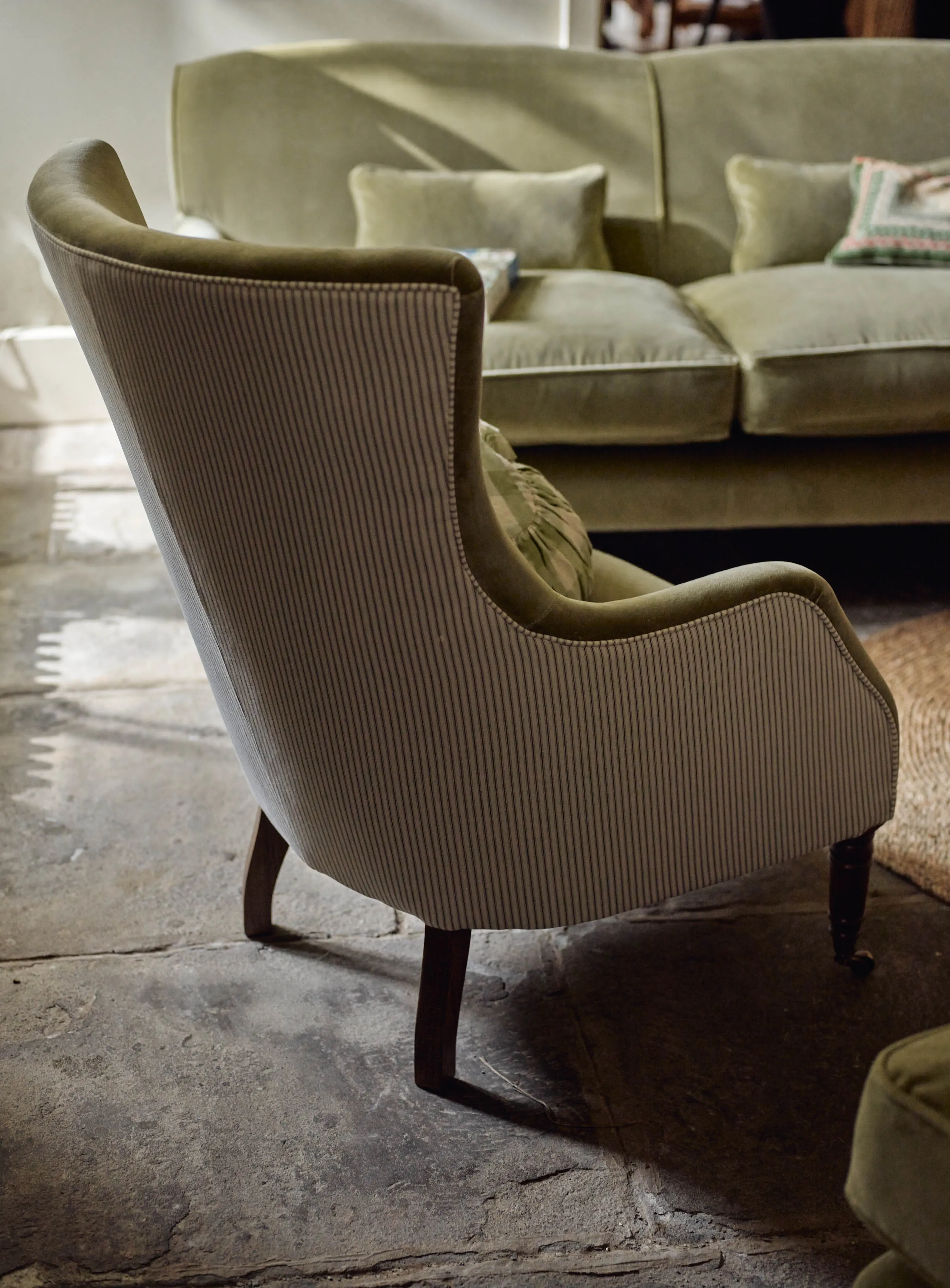 Bromley Wingback Chair, Sage Velvet & Heritage Mole Stripe