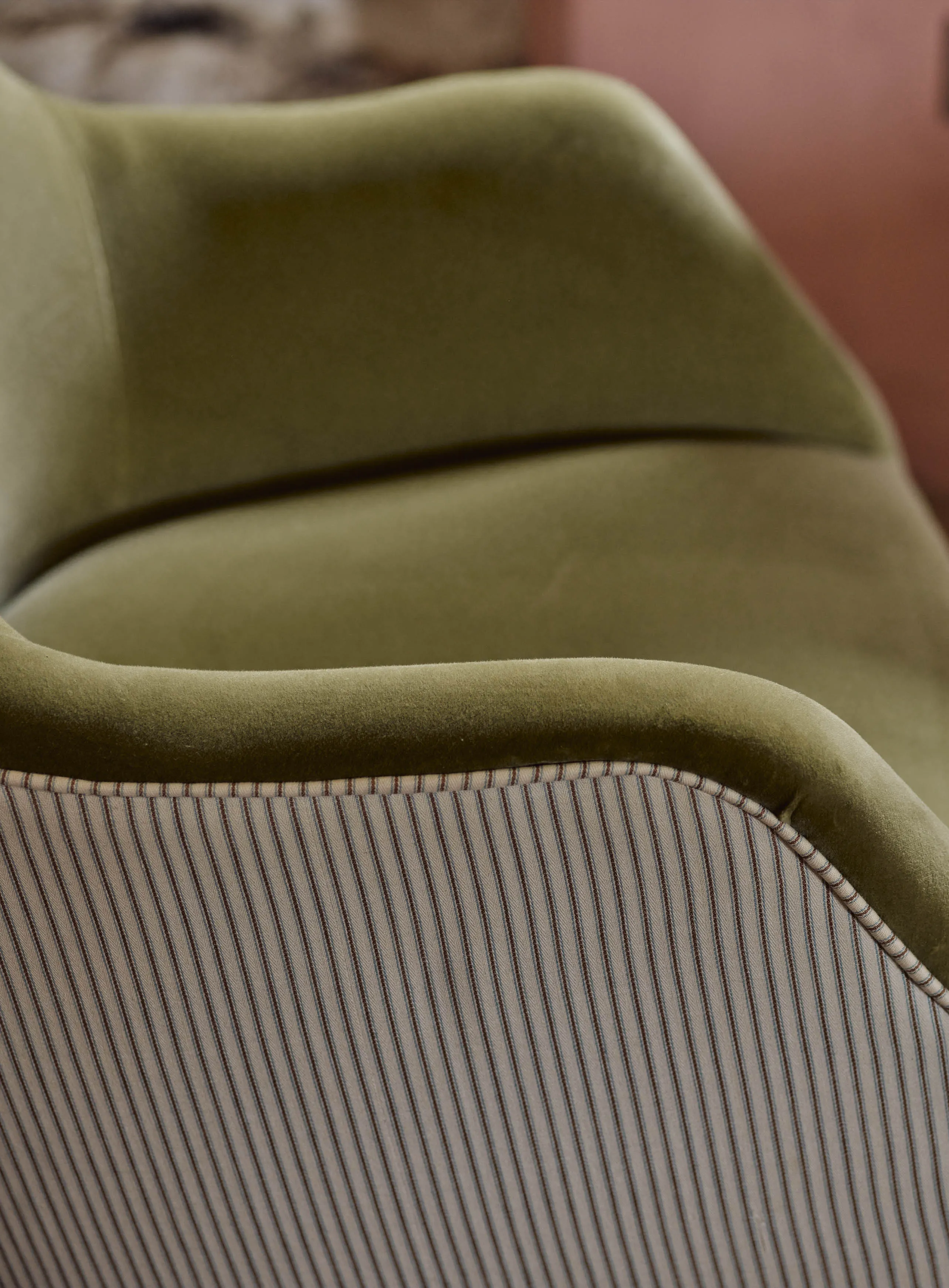 Bromley Wingback Chair, Sage Velvet & Heritage Mole Stripe