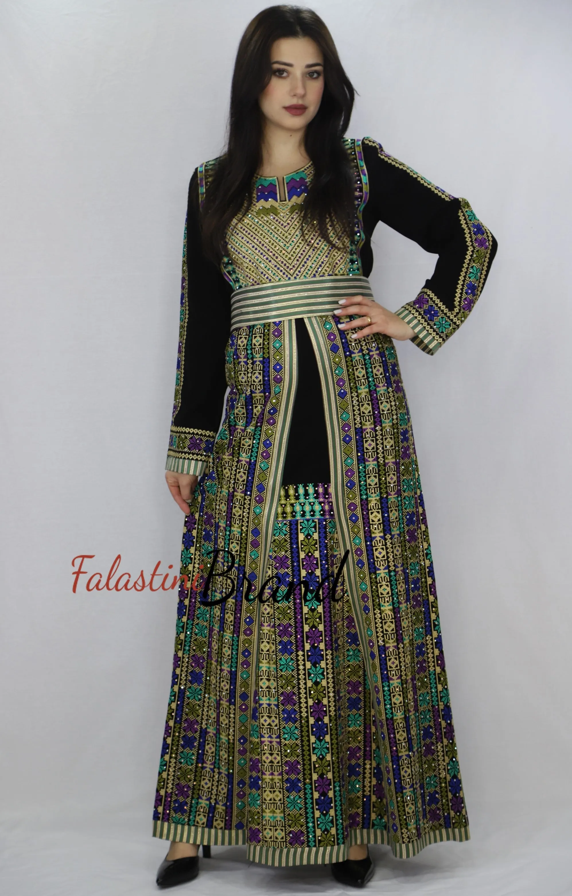 Charming Palestinian Embroidered Golden Green Thobe Dress Palestinian Embroidery