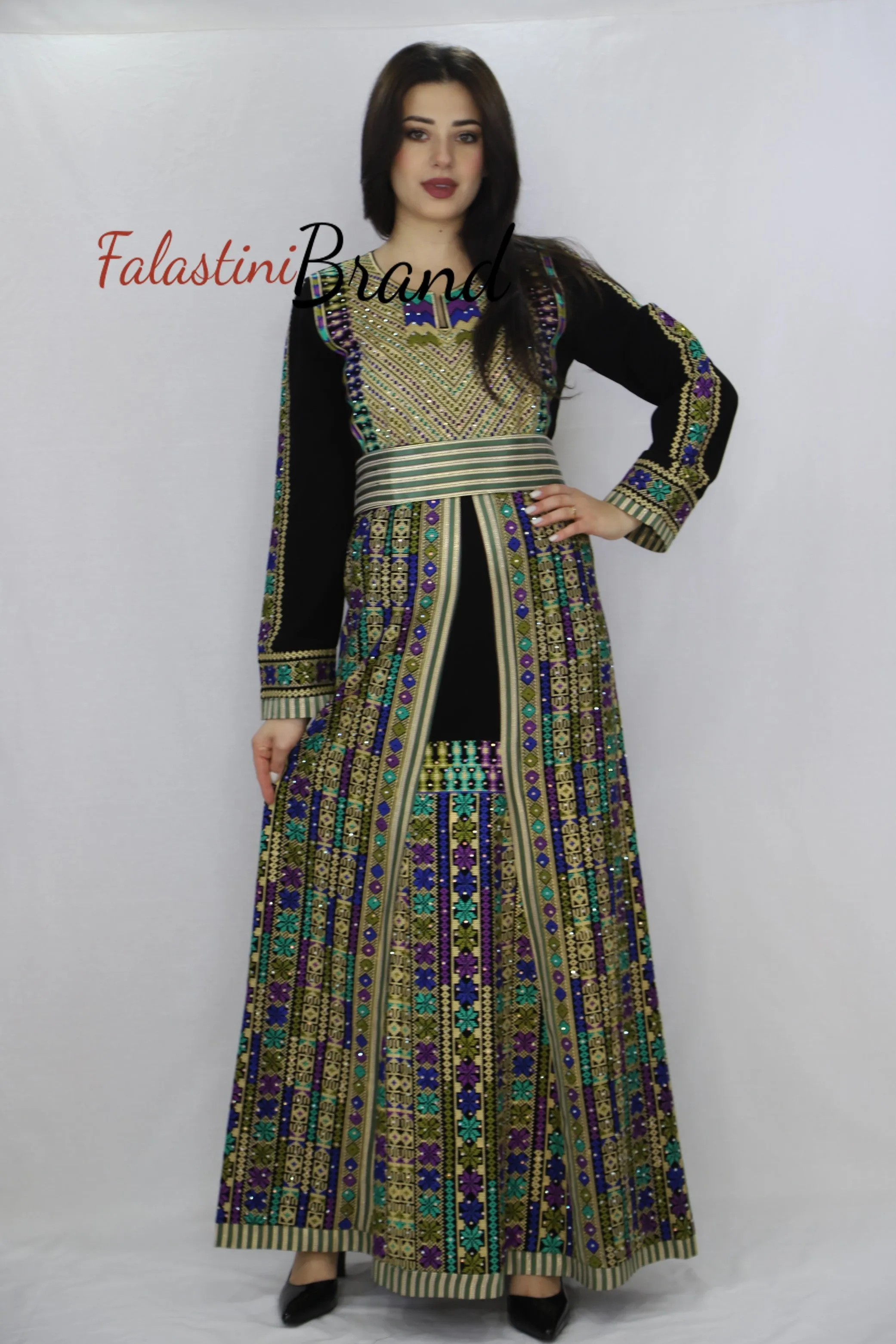 Charming Palestinian Embroidered Golden Green Thobe Dress Palestinian Embroidery