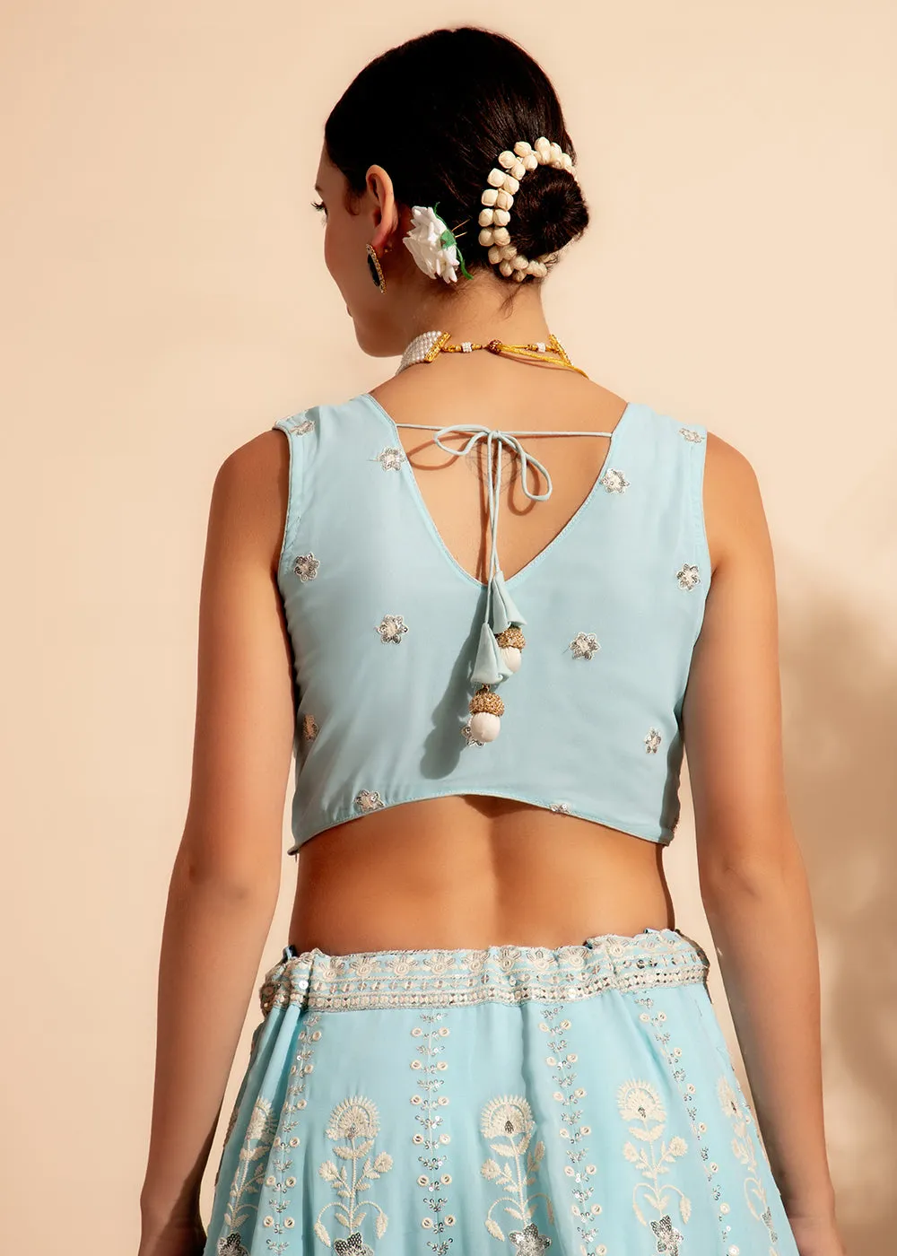 Charming Sky Blue Bridesmaid Style Wedding Lehenga Choli