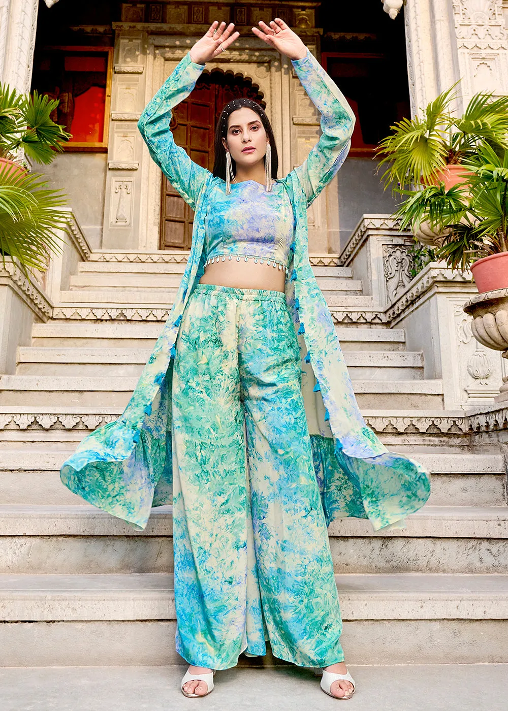 Charming Sky Blue Printed Koti Style Co-Ords Indo-Western Suit