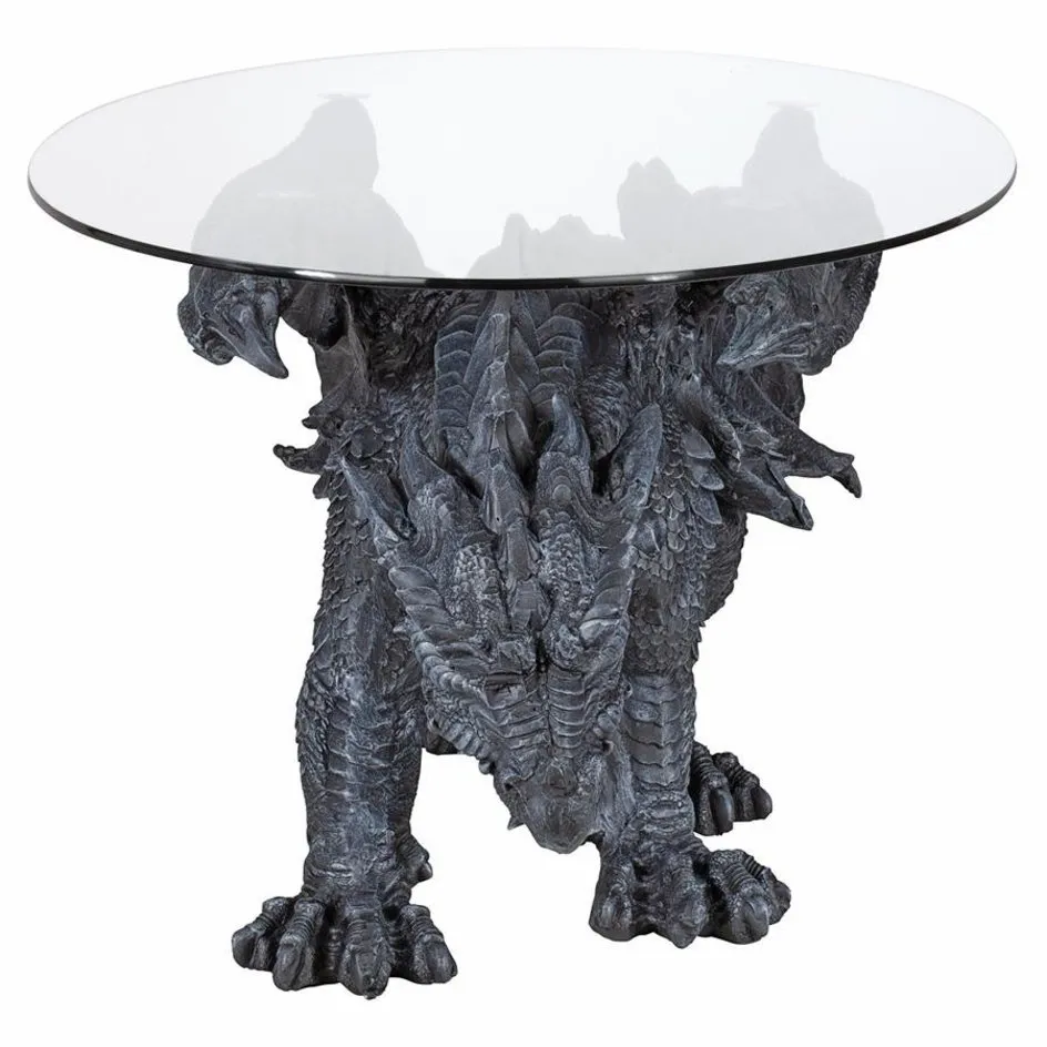 Cofee Tea Hand Carved Gothic Dragon Glass-Topped Sculptural Coffee Table By artist Monte M. Moore