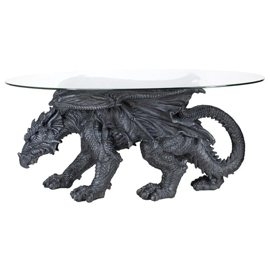 Cofee Tea Hand Carved Gothic Dragon Glass-Topped Sculptural Coffee Table By artist Monte M. Moore