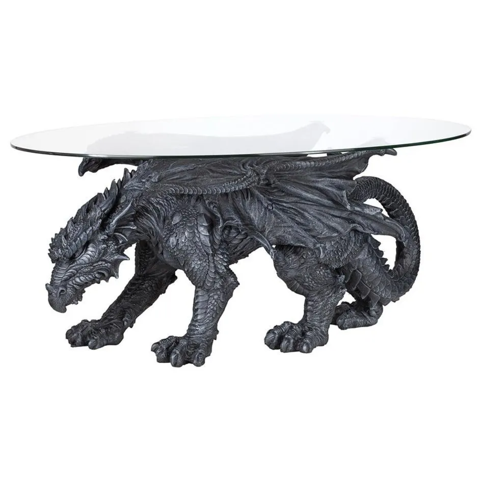 Cofee Tea Hand Carved Gothic Dragon Glass-Topped Sculptural Coffee Table By artist Monte M. Moore