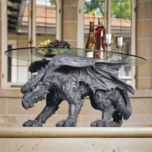 Cofee Tea Hand Carved Gothic Dragon Glass-Topped Sculptural Coffee Table By artist Monte M. Moore