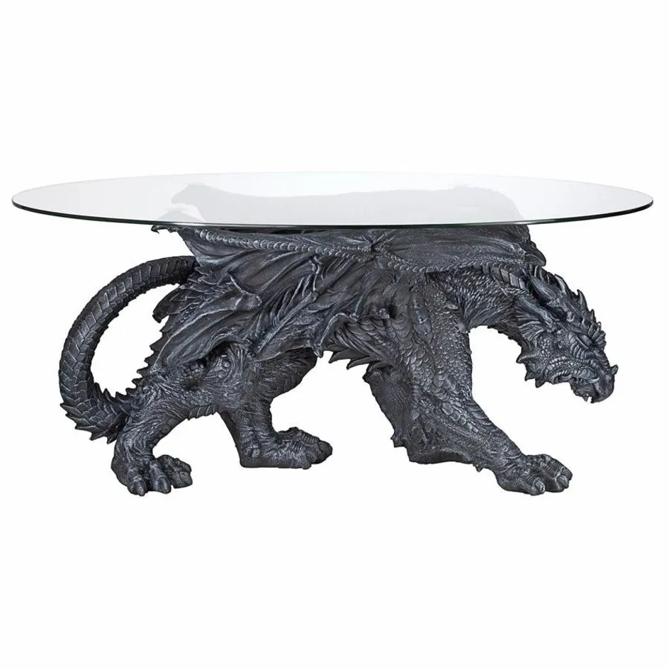 Cofee Tea Hand Carved Gothic Dragon Glass-Topped Sculptural Coffee Table By artist Monte M. Moore